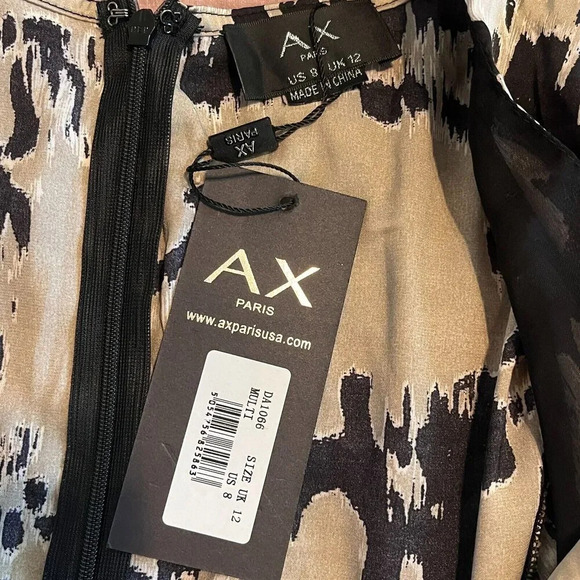 AX Paris Multi Printed Long Sleeve Satin Dress , Size 8 NWT Taupe and Black - Picture 8 of 9